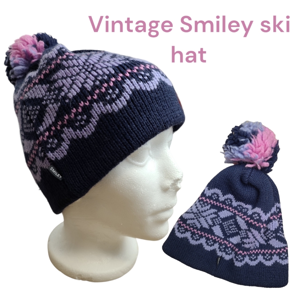 Vintage Smiley 90s wool ski hat beanie warm winter hat purple blue pink pom pom